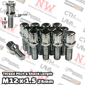 Show details for Wholesales | 200-Piece Box | Chrome | 12x1.5 Thread | 24mm Shank | 6 Spline Tuner Locker | Performance Wheel Lug Bolts Picture of Wholesales | 200-Piece Box | Chrome | 12x1.5 Thread | 24mm Shank | 6 Spline Tuner Locker | Performance Wheel Lug Bolts