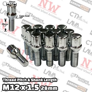 Show details for Wholesales | 200-Piece Box | Chrome | 12x1.5 Thread | 28mm Shank | 6 Spline Tuner Locker | Performance Wheel Lug Bolts Picture of Wholesales | 200-Piece Box | Chrome | 12x1.5 Thread | 28mm Shank | 6 Spline Tuner Locker | Performance Wheel Lug Bolts