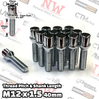 Picture of Wholesales | 100-Piece Box | Chrome | 12x1.5 Thread | 40mm Extended Shank | 6 Spline Tuner Locker | Performance Wheel Lug Bolts | For 10-15mm Spacers