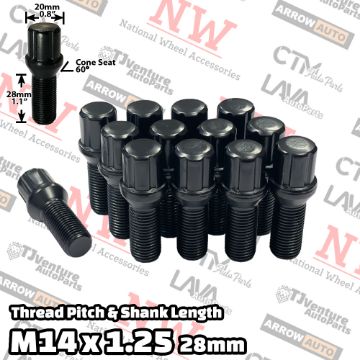 Show details for Wholesales | 200-Piece Box | Black | 14x1.25 Thread | 28mm Shank | 6 Spline Tuner Locker | Performance Wheel Lug Bolts Picture of Wholesales | 200-Piece Box | Black | 14x1.25 Thread | 28mm Shank | 6 Spline Tuner Locker | Performance Wheel Lug Bolts