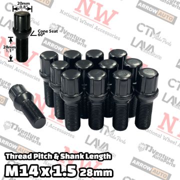 Show details for Wholesales | 200-Piece Box | Black | 14x1.5 Thread | 28mm Shank | 6 Spline Tuner Locker | Performance Wheel Lug Bolts Picture of Wholesales | 200-Piece Box | Black | 14x1.5 Thread | 28mm Shank | 6 Spline Tuner Locker | Performance Wheel Lug Bolts
