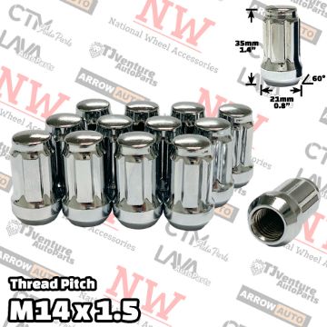 Show details for Wholesales | 100-Piece Box | 1.4” Tall | Chrome | 14x1.5 Thread | 6 Spline | Tuner Locker | Performance Wheel Lug Nuts Picture of Wholesales | 100-Piece Box | 1.4” Tall | Chrome | 14x1.5 Thread | 6 Spline | Tuner Locker | Performance Wheel Lug Nuts