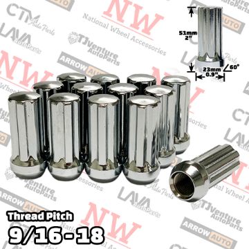 Show details for Wholesales | 200-Piece Box | 2” Tall | Chrome | 9/16-18 Thread | 7 Spline | Tuner Locker | Performance Wheel Lug Nuts Picture of Wholesales | 200-Piece Box | 2” Tall | Chrome | 9/16-18 Thread | 7 Spline | Tuner Locker | Performance Wheel Lug Nuts