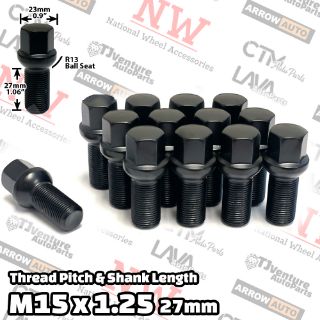 Picture of 10-Piece Set | Black | 15x1.25 Thread | 27mm Shank | R13 Ball Seat | Wheel Lug Bolts | Fit Mercedes Stock Wheels