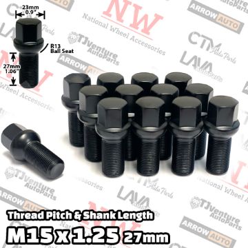 Show details for 10-Piece Set | Black | 15x1.25 Thread | 27mm Shank | R13 Ball Seat | Wheel Lug Bolts | Fit Mercedes Stock Wheels Picture of 10-Piece Set | Black | 15x1.25 Thread | 27mm Shank | R13 Ball Seat | Wheel Lug Bolts | Fit Mercedes Stock Wheels
