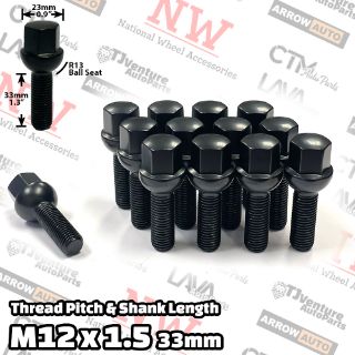 Picture of 16-Piece Set | Black | 12x1.5 Thread | 33mm Extended Shank | R13 Ball Seat | Wheel Lug Bolts | Fit Mercedes Audi Stock Wheels with 3-8mm Spacers