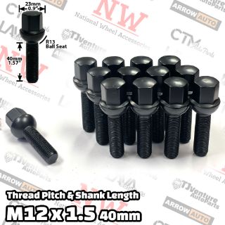 Picture of 16-Piece Set | Black | 12x1.5 Thread | 40mm Extended Shank | R13 Ball Seat | Wheel Lug Bolts | Fit Mercedes Audi Stock Wheels with 10-15mm Spacers