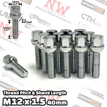 Show details for 16-Piece Set | Chrome | 12x1.5 Thread | 40mm Extended Shank | R13 Ball Seat | Wheel Lug Bolts | Fit Mercedes Audi Stock Wheels with 10-15mm Spacers Picture of 16-Piece Set | Chrome | 12x1.5 Thread | 40mm Extended Shank | R13 Ball Seat | Wheel Lug Bolts | Fit Mercedes Audi Stock Wheels with 10-15mm Spacers