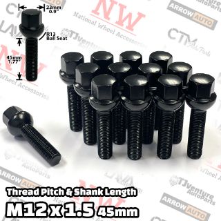 Picture of 16-Piece Set | Black | 12x1.5 Thread | 45mm Extended Shank | R13 Ball Seat | Wheel Lug Bolts | Fit Mercedes Audi Stock Wheels with 15-20mm Spacers