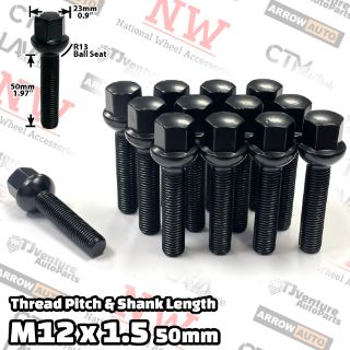 Picture of 16-Piece Set | Black | 12x1.5 Thread | 50mm Extended Shank | R13 Ball Seat | Wheel Lug Bolts | Fit Mercedes Audi Stock Wheels with 20-25mm Spacers