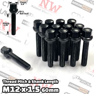 Picture of 16-Piece Set | Black | 12x1.5 Thread | 60mm Extended Shank | R13 Ball Seat | Wheel Lug Bolts | Fit Mercedes Stock Wheels with 20-25mm Spacers