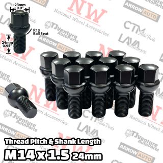 Picture of 10-Piece Set | Black | 14x1.5 Thread | 24mm Shank | R13 Ball Seat | Wheel Lug Bolts | Fit Mercedes Audi Volkswagen Porsche Bentley Stock Wheels