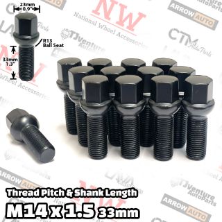 Picture of 10-Piece Set | Black | 14x1.5 Thread | 33 mm Extended Shank | R13 Ball Seat | Wheel Lug Bolts | Fit Mercedes Audi Volkswagen Porsche Bentley Stock Wheels with 3-8mm Spacers