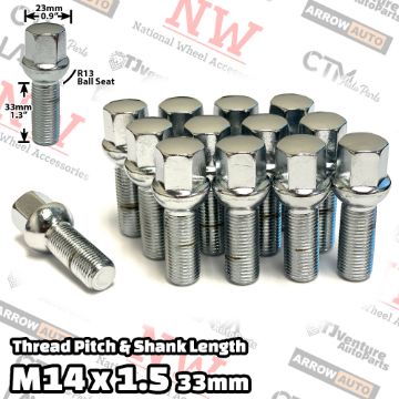 Show details for 10-Piece Set | Chrome | 14x1.5 Thread | 33 mm Extended Shank | R13 Ball Seat | Wheel Lug Bolts | Fit Mercedes Audi Volkswagen Porsche Bentley Stock Wheels with 3-8mm Spacers Picture of 10-Piece Set | Chrome | 14x1.5 Thread | 33 mm Extended Shank | R13 Ball Seat | Wheel Lug Bolts | Fit Mercedes Audi Volkswagen Porsche Bentley Stock Wheels with 3-8mm Spacers