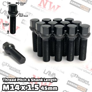 Picture of 10-Piece Set | Black | 14x1.5 Thread | 45 mm Extended Shank | R13 Ball Seat | Wheel Lug Bolts | Fit Mercedes Audi Volkswagen Porsche Bentley Stock Wheels with 15-20mm Spacers