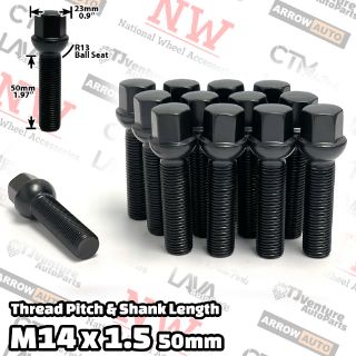 Picture of 10-Piece Set | Black | 14x1.5 Thread | 50 mm Extended Shank | R13 Ball Seat | Wheel Lug Bolts | Fit Mercedes Audi Volkswagen Porsche Bentley Stock Wheels with 20-25mm Spacers