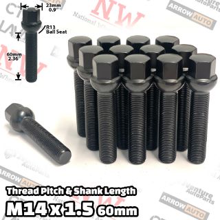 Picture of 10-Piece Set | Black | 14x1.5 Thread | 60 mm Extended Shank | R13 Ball Seat | Wheel Lug Bolts | Fit Mercedes Audi Volkswagen Porsche Bentley Stock Wheels with 30-35mm Spacers