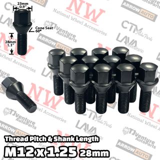 Picture of 16-Piece Set | Black | 12x1.25 Thread | 28mm Shank | Cone Seat | Wheel Lug Bolts