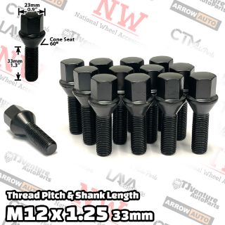 Picture of 16-Piece Set | Black | 12x1.25 Thread | 33mm Extended Shank | Cone Seat | Wheel Lug Bolts | For Wheels with 3-8mm Spacers