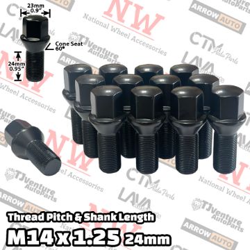 Show details for 10-Piece Set | Black | 14x1.25 Thread | 24mm Shank | Cone Seat | Wheel Lug Bolts | Fit BMW Mini Toyota Supra Picture of 10-Piece Set | Black | 14x1.25 Thread | 24mm Shank | Cone Seat | Wheel Lug Bolts | Fit BMW Mini Toyota Supra