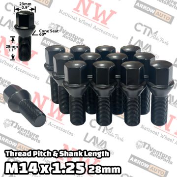 Show details for 10-Piece Set | Black | 14x1.25 Thread | 28mm Shank | Cone Seat | Wheel Lug Bolts | Fit BMW Mini Toyota Supra Picture of 10-Piece Set | Black | 14x1.25 Thread | 28mm Shank | Cone Seat | Wheel Lug Bolts | Fit BMW Mini Toyota Supra