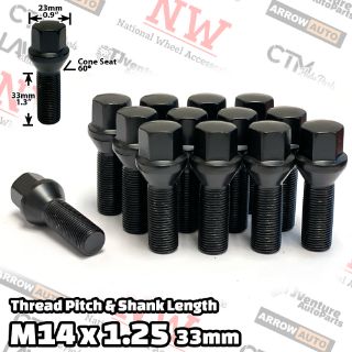 Picture of 10-Piece Set | Black | 14x1.25 Thread | 33mm Extended Shank | Cone Seat | Wheel Lug Bolts | Fit BMW Mini Toyota Supra with 3-8mm Spacers