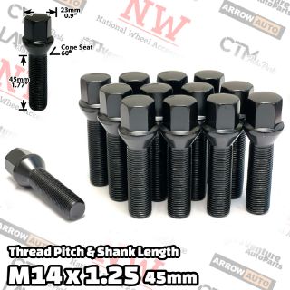 Picture of 10-Piece Set | Black | 14x1.25 Thread | 45mm Extended Shank | Cone Seat | Wheel Lug Bolts | Fit BMW Mini Toyota Supra with 15-20mm Spacers