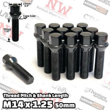 Show details for 10-Piece Set | Black | 14x1.25 Thread | 50mm Extended Shank | Cone Seat | Wheel Lug Bolts | Fit BMW Mini Toyota Supra with 20-25mm Spacers Picture of 10-Piece Set | Black | 14x1.25 Thread | 50mm Extended Shank | Cone Seat | Wheel Lug Bolts | Fit BMW Mini Toyota Supra with 20-25mm Spacers