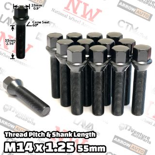 Picture of 10-Piece Set | Black | 14x1.25 Thread | 55mm Extended Shank | Cone Seat | Wheel Lug Bolts | Fit BMW Mini Toyota Supra with 25-30mm Spacers