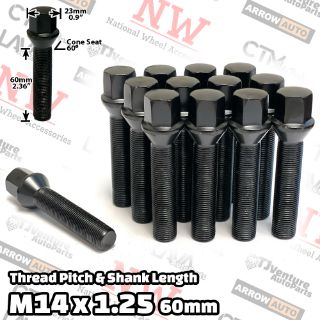 Picture of 10-Piece Set | Black | 14x1.25 Thread | 60mm Extended Shank | Cone Seat | Wheel Lug Bolts | Fit BMW Mini Toyota Supra with 30-35mm Spacers