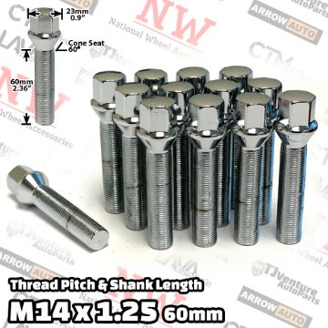 Show details for 10-Piece Set | Chrome | 14x1.25 Thread | 60mm Extended Shank | Cone Seat | Wheel Lug Bolts | Fit BMW Mini Toyota Supra with 30-35mm Spacers Picture of 10-Piece Set | Chrome | 14x1.25 Thread | 60mm Extended Shank | Cone Seat | Wheel Lug Bolts | Fit BMW Mini Toyota Supra with 30-35mm Spacers