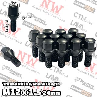 Picture of 16-Piece Set | Black | 12x1.5 Thread | 24mm Shank | Cone Seat | Wheel Lug Bolts | Fit Audi Aftermarket Wheels