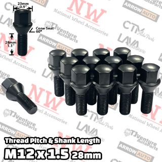 Picture of 16-Piece Set | Black | 12x1.5 Thread | 28mm Shank | Cone Seat | Wheel Lug Bolts | Fit Audi Aftermarket Wheels