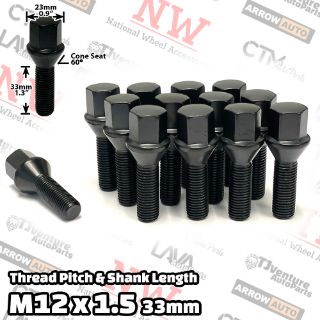 Picture of 16-Piece Set | Black | 12x1.5 Thread | 33mm Extended Shank | Cone Seat | Wheel Lug Bolts | Fit Audi Aftermarket Wheels with 3-8mm Spacers