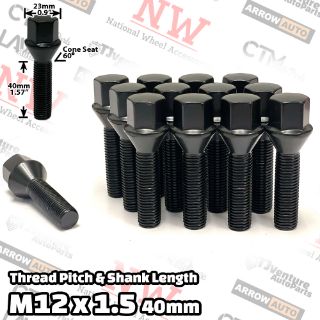 Picture of 16-Piece Set | Black | 12x1.5 Thread | 40mm Extended Shank | Cone Seat | Wheel Lug Bolts | Fit Audi Aftermarket Wheels with 10-15mm Spacers