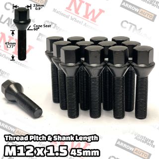 Picture of 16-Piece Set | Black | 12x1.5 Thread | 45mm Extended Shank | Cone Seat | Wheel Lug Bolts | Fit Audi Aftermarket Wheels with 15-20mm Spacers