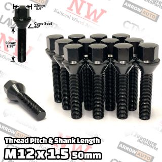 Picture of 16-Piece Set | Black | 12x1.5 Thread | 50mm Extended Shank | Cone Seat | Wheel Lug Bolts | Fit Audi Aftermarket Wheels with 20-25mm Spacers