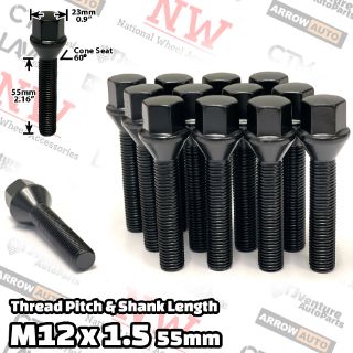 Picture of 16-Piece Set | Black | 12x1.5 Thread | 55mm Extended Shank | Cone Seat | Wheel Lug Bolts | Fit Audi Aftermarket Wheels with 25-30mm Spacers