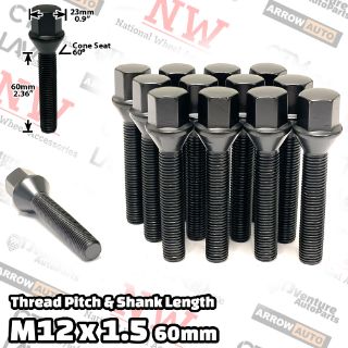 Picture of 16-Piece Set | Black | 12x1.5 Thread | 60mm Extended Shank | Cone Seat | Wheel Lug Bolts | Fit Audi Aftermarket Wheels with 30-35mm Spacers