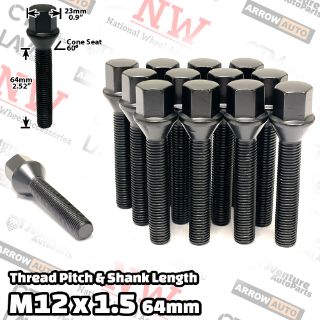 Picture of 16-Piece Set | Black | 12x1.5 Thread | 64mm Extended Shank | Cone Seat | Wheel Lug Bolts | Fit Audi Aftermarket Wheels with 35-40mm Spacers