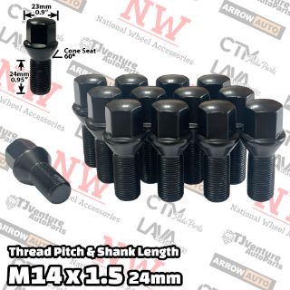 Picture of 10-Piece Set | Black | 14x1.5 Thread | 24mm Shank | Cone Seat | Wheel Lug Bolts