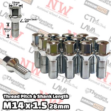 Show details for 10-Piece Set | Chrome | 14x1.5 Thread | 28mm Shank | Cone Seat | Wheel Lug Bolts Picture of 10-Piece Set | Chrome | 14x1.5 Thread | 28mm Shank | Cone Seat | Wheel Lug Bolts
