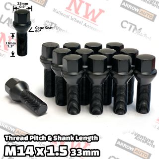 Picture of 10-Piece Set | Black | 14x1.5 Thread | 33mm Extended Shank | Cone Seat | Wheel Lug Bolts | For Wheels with 3-8mm Spacers