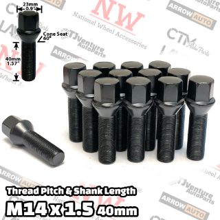 Picture of 10-Piece Set | Black | 14x1.5 Thread | 40mm Extended Shank | Cone Seat | Wheel Lug Bolts | For Wheels with 10-15mm Spacers