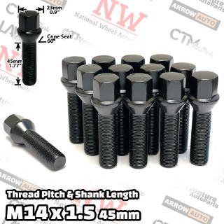 Picture of 10-Piece Set | Black | 14x1.5 Thread | 45mm Extended Shank | Cone Seat | Wheel Lug Bolts | For Wheels with 15-20mm Spacers