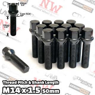 Picture of 10-Piece Set | Black | 14x1.5 Thread | 50mm Extended Shank | Cone Seat | Wheel Lug Bolts | For Wheels with 20-25mm Spacers