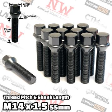 Show details for 10-Piece Set | Black | 14x1.5 Thread | 55mm Extended Shank | Cone Seat | Wheel Lug Bolts | For Wheels with 25-30mm Spacers Picture of 10-Piece Set | Black | 14x1.5 Thread | 55mm Extended Shank | Cone Seat | Wheel Lug Bolts | For Wheels with 25-30mm Spacers
