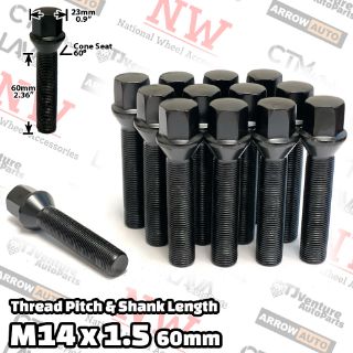 Picture of 10-Piece Set | Black | 14x1.5 Thread | 60mm Extended Shank | Cone Seat | Wheel Lug Bolts | For Wheels with 30-35mm Spacers