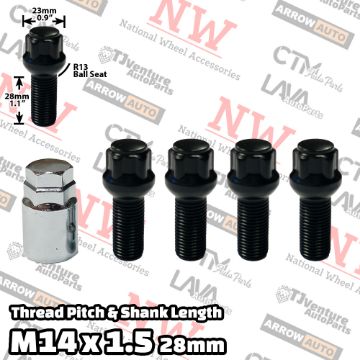 Show details for 1-Set | Black | 14x1.5 Thread | 28mm Shank | R13 Ball Seat | 5-Point Anti-Thieft Wheel Lock Lug Bolts | Fit Mercedes Audi Volkswagen Porsche Bentley Stock Wheels | Plus Security Key Picture of 1-Set | Black | 14x1.5 Thread | 28mm Shank | R13 Ball Seat | 5-Point Anti-Thieft Wheel Lock Lug Bolts | Fit Mercedes Audi Volkswagen Porsche Bentley Stock Wheels | Plus Security Key