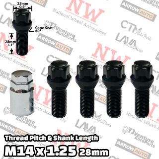 Picture of 1-Set | Black | 14x1.25 Thread | 28mm Shank | Cone Seat | 5-Point Anti-Thieft Wheel Lock Lug Bolts | Fit BMW Mini Toyota Supra | Plus Security Key